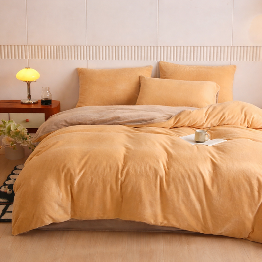 Reversible Velvet Duvet Cover With Velvet Sheet - Golden Beige