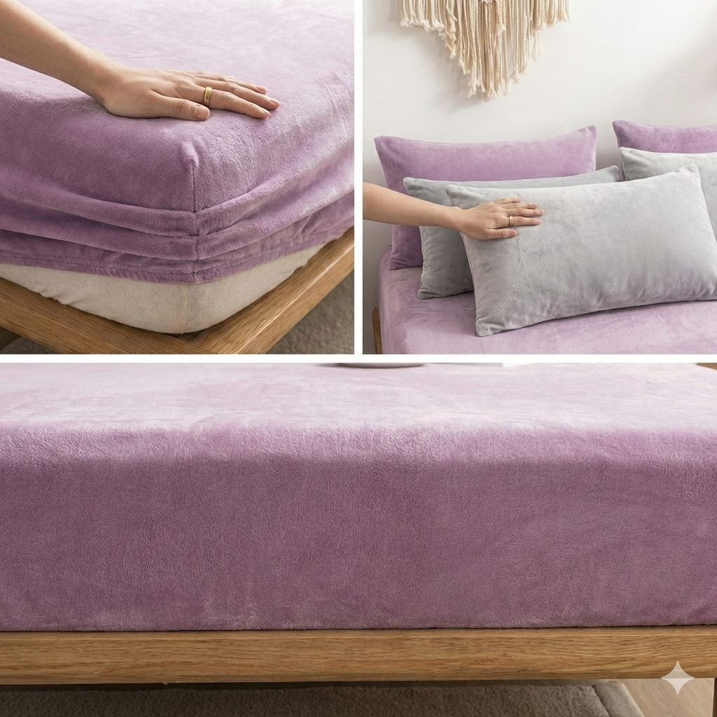 MILKY VELVET FITTED BEDSHEET WITH PILLOWS - LILAC