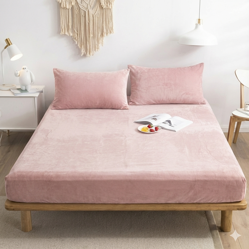 MILKY VELVET FITTED BEDSHEET WITH PILLOWS - POWDER PINK