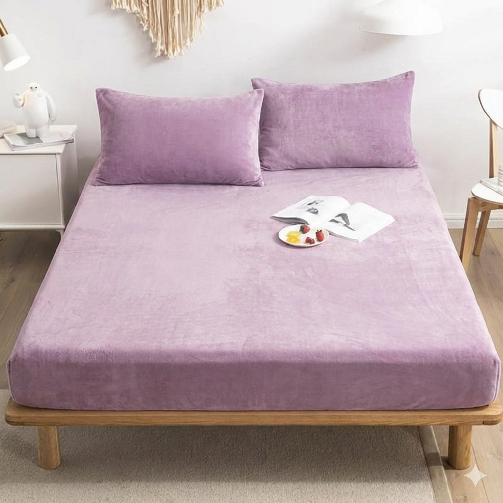 MILKY VELVET FITTED BEDSHEET WITH PILLOWS - LILAC