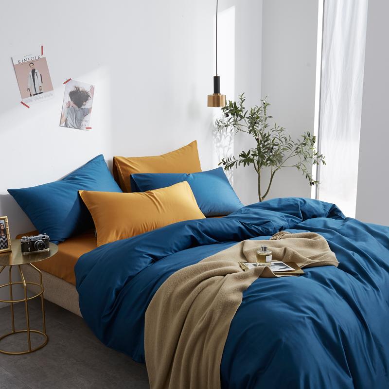 4 Pillows Cotton Sateen Bed Sheet - Steal Blue