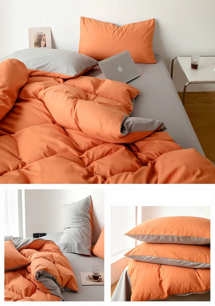 Pure Cotton Reversible Duvet Cover Set - Orange & Light Brown