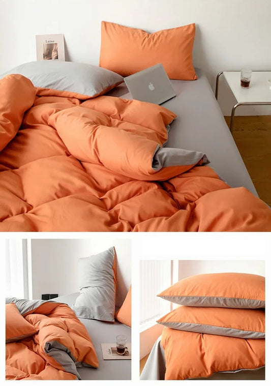Pure Cotton Reversible Duvet Cover Set - Orange & Light Brown