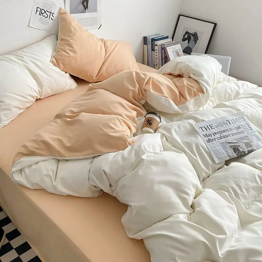 Pure Cotton Reversible Duvet Cover Set - Off White & Light Golden