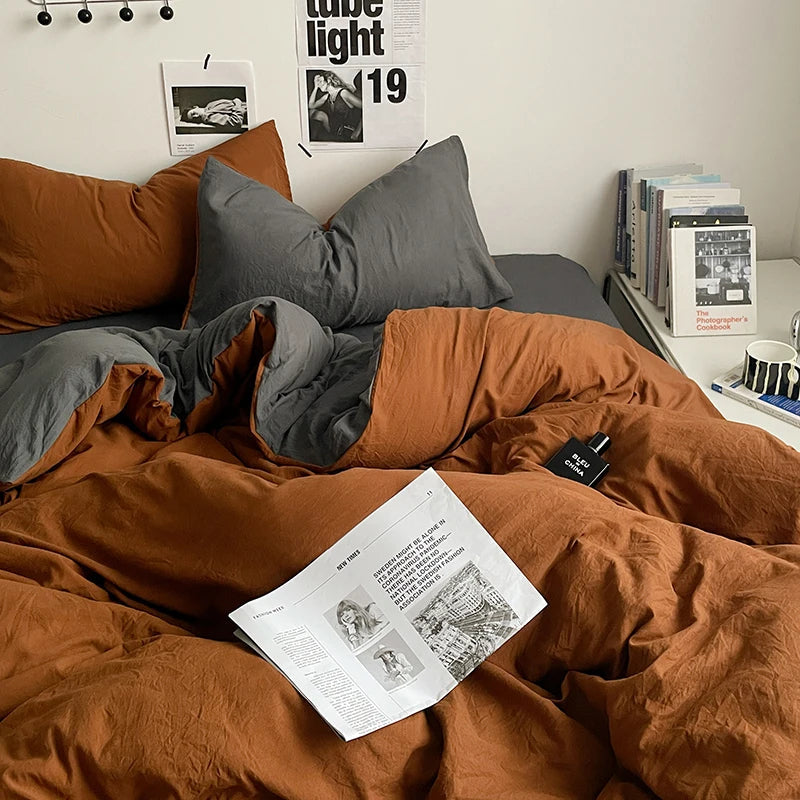 Pure Cotton Reversible Duvet Cover Set - Rust Brown & Grey