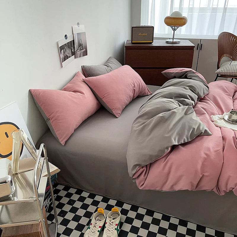 Pure Cotton Reversible Duvet Cover Set - Pink & Light Brown