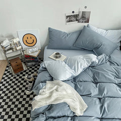 Pure Cotton Reversible Duvet Cover Set - Grey & Light Blue