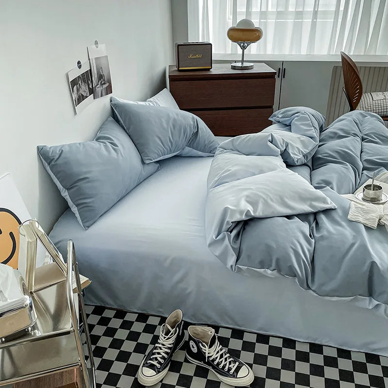 Pure Cotton Reversible Duvet Cover Set - Light Blue & Grey