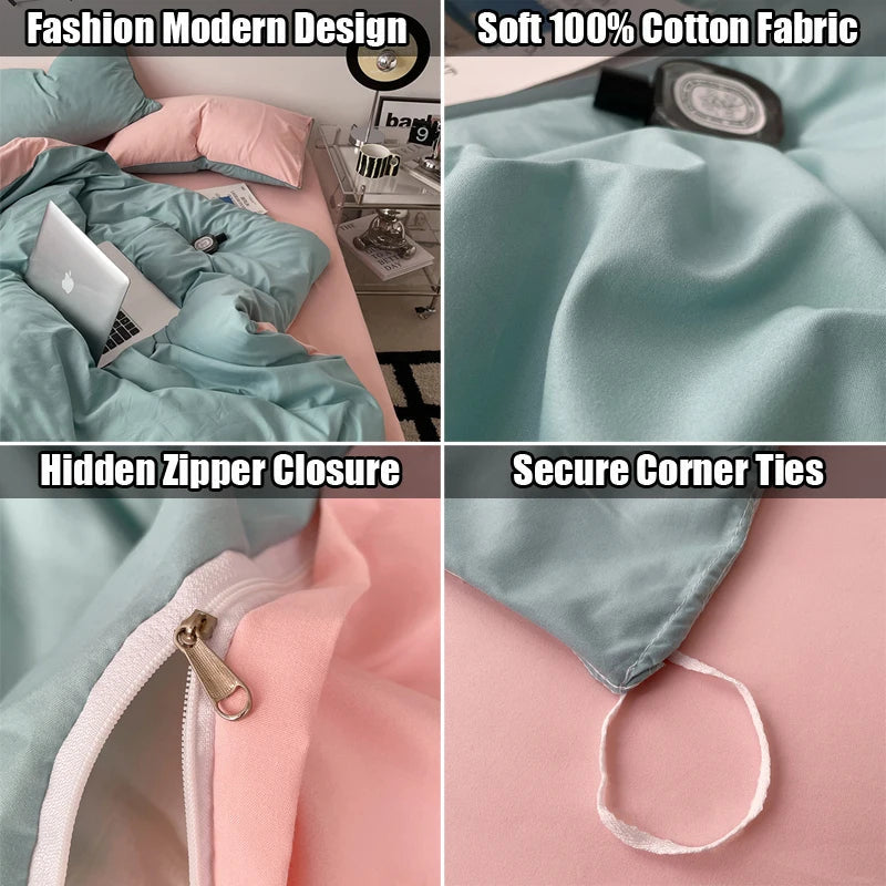 Pure Cotton Reversible Duvet Cover Set - Aqua Green & Light Pink