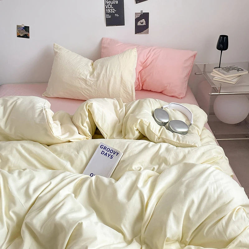Pure Cotton Reversible Duvet Cover Set - Off White & Pink