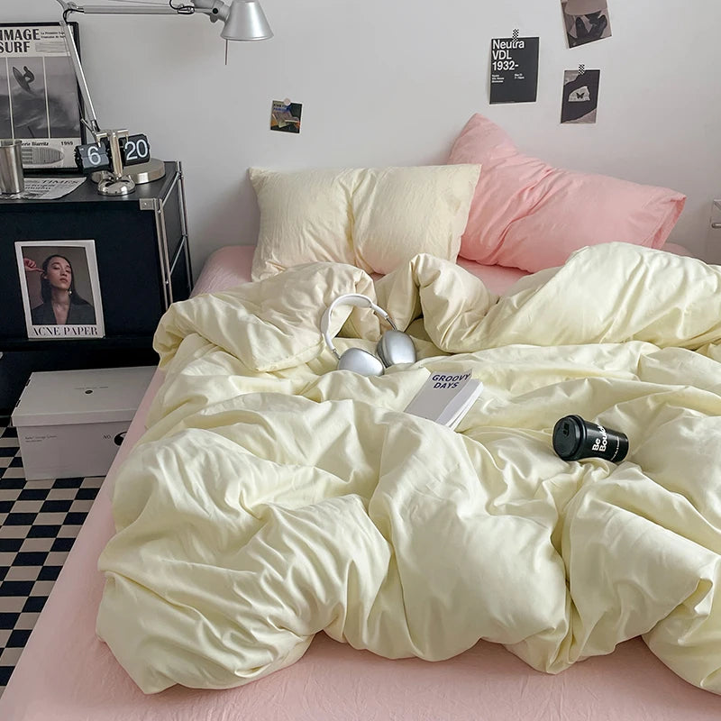 Pure Cotton Reversible Duvet Cover Set - Off White & Pink
