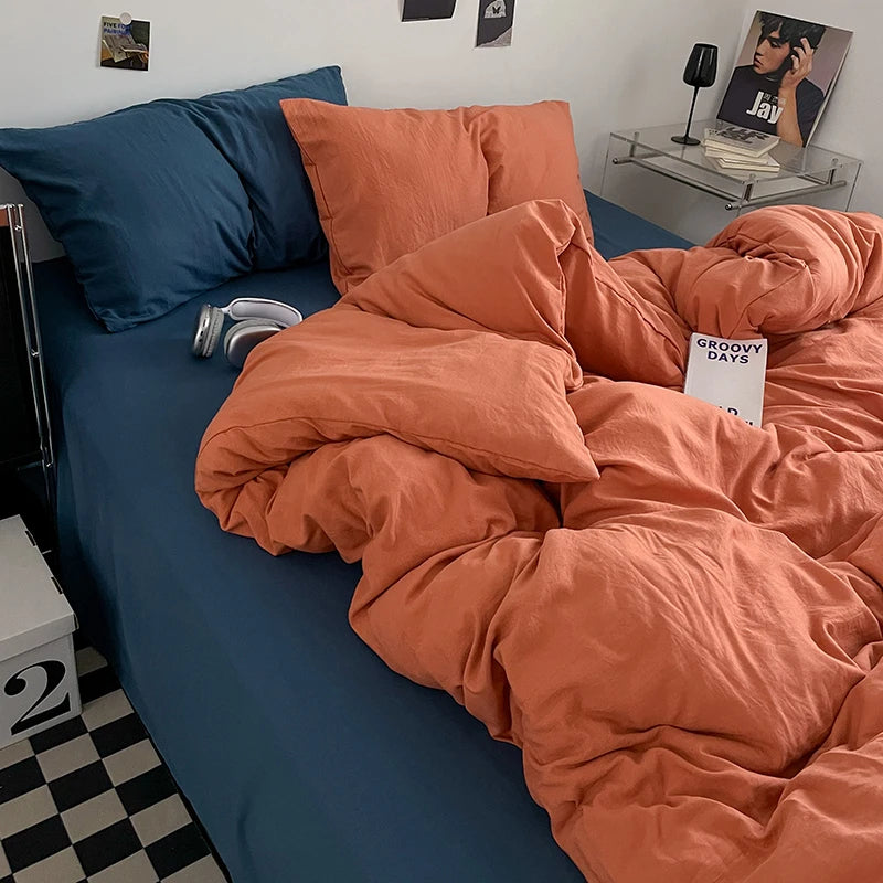Pure Cotton Reversible Duvet Cover Set - Orange & Blue