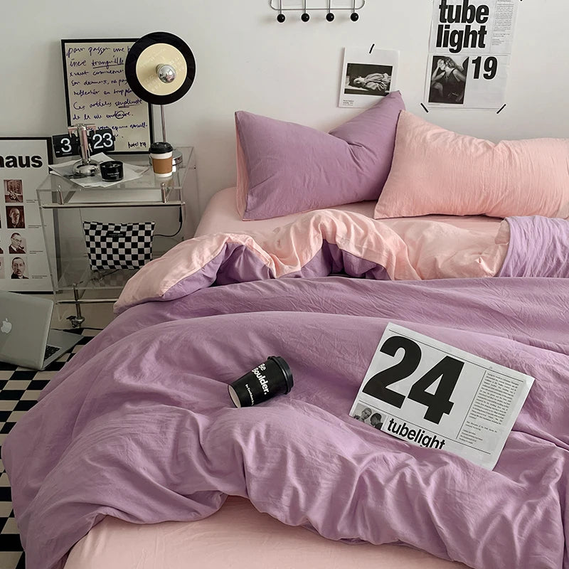 Pure Cotton Reversible Duvet Cover Set - Lilac & Light Pink