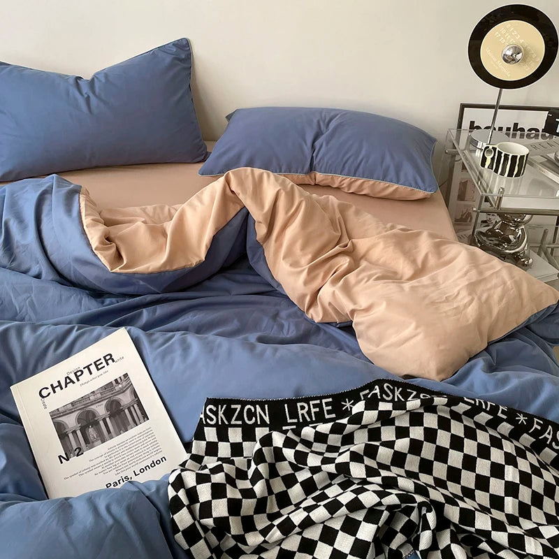 Pure Cotton Reversible Duvet Cover Set - Lapis Blue & Dark Beige
