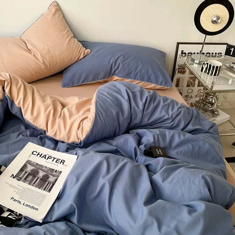 Pure Cotton Reversible Duvet Cover Set - Lapis Blue & Dark Beige