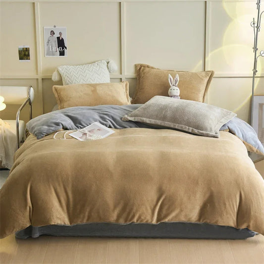 Reversible Velvet Duvet Cover -  Dark Beige & Grey