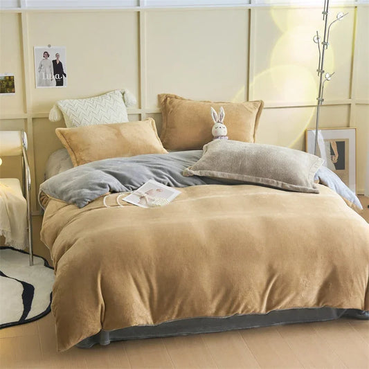 Reversible Velvet Duvet Cover -  Dark Beige & Grey