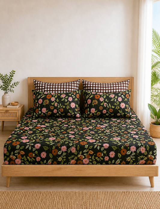 Pure Cotton Fitted Sheet Set - Midnight Bloom