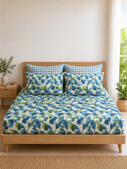 Pure Cotton Fitted Sheet Set - Azure Leaves