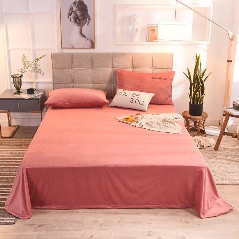 Coral Velvet Flat Bed Sheet - Peach Pink