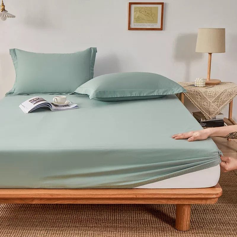 Cotton Fitted Bed Sheet With Pillows - Light Green