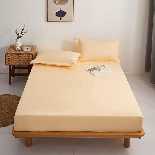 Cotton Fitted Bed Sheet With Pillows - Mango Yellow