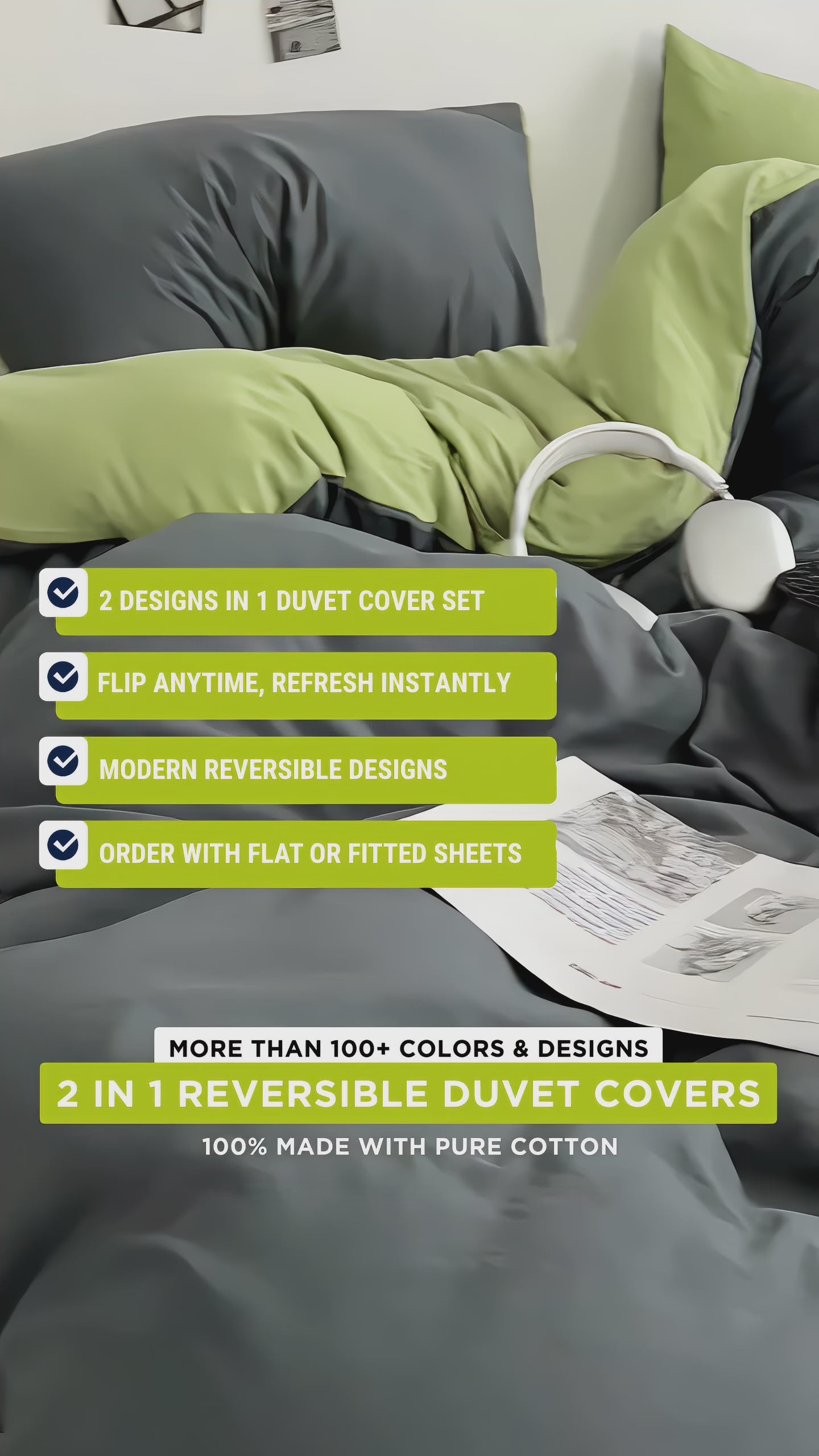 Pure Cotton Reversible Duvet Cover Set - Dark Grey & Apple Green