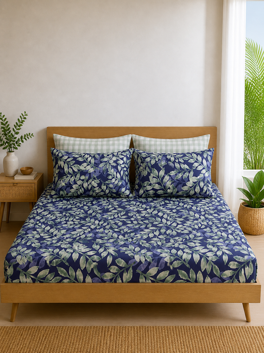 Pure Cotton Fitted Sheet Set - Aqua Leaves