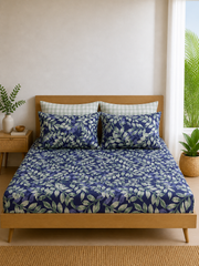 Pure Cotton Fitted Sheet Set - Aqua Leaves