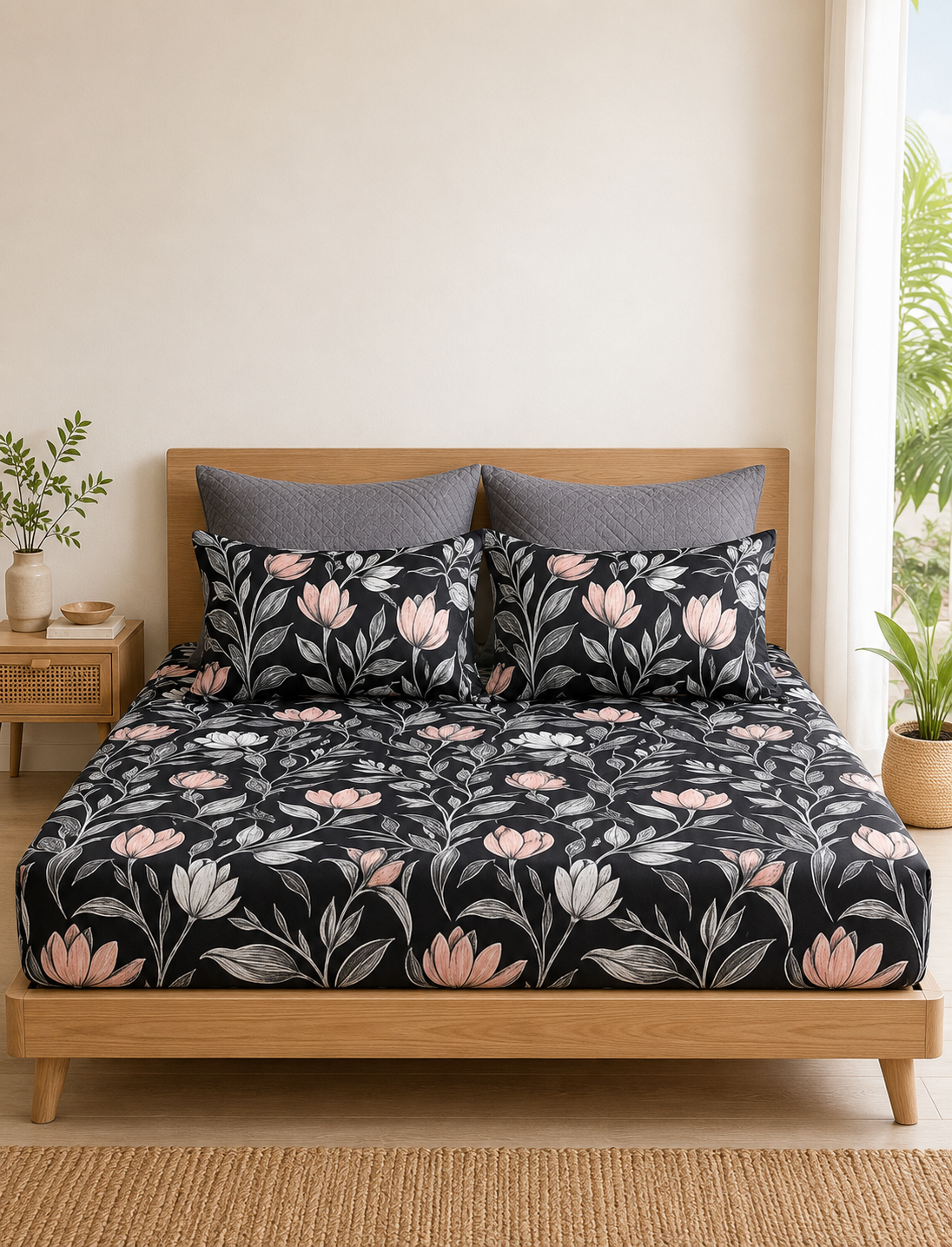 Pure Cotton Fitted Sheet Set - Moonlit Flora