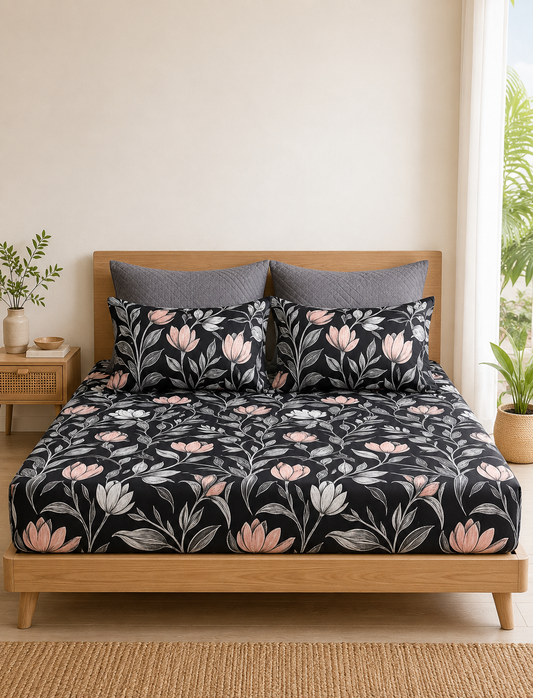 Pure Cotton Fitted Sheet Set - Moonlit Flora