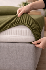 Cotton Fitted Bed Sheet With Pillows - Olive Green
