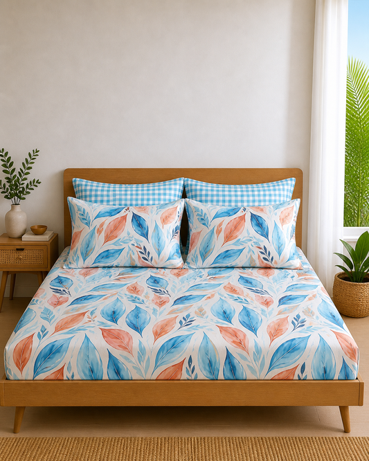 Pure Cotton Fitted Sheet Set - Blue Coral