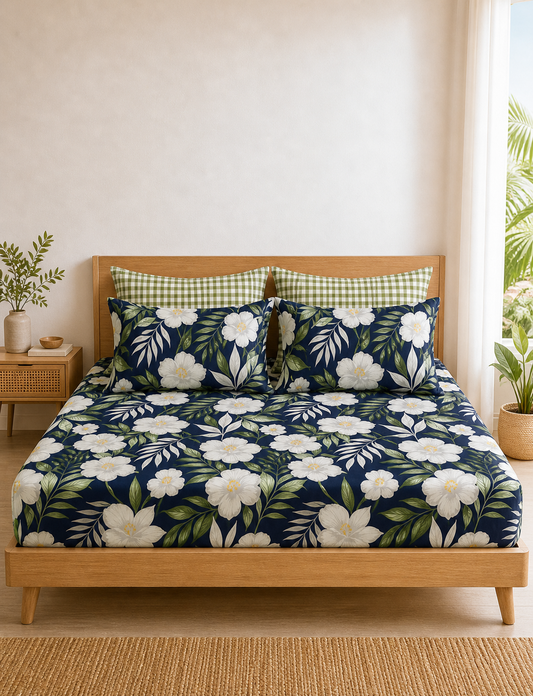 Pure Cotton Fitted Sheet Set - Palm Bloom
