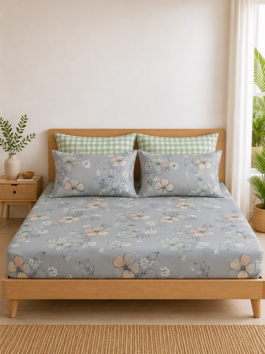 Pure Cotton Fitted Sheet Set - Mint Bloom