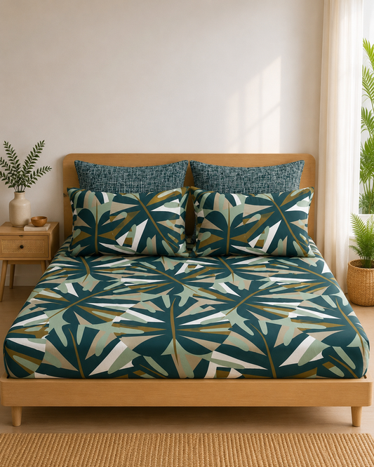 Pure Cotton Fitted Sheet Set - Bold Leaves