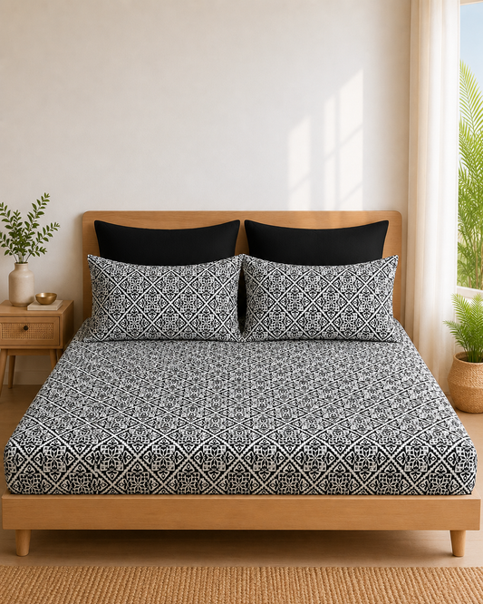 Pure Cotton Fitted Sheet Set - Mosaic Black