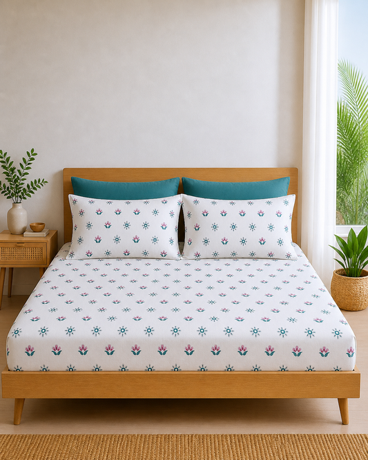 Pure Cotton Fitted Sheet Set - Morning Petals